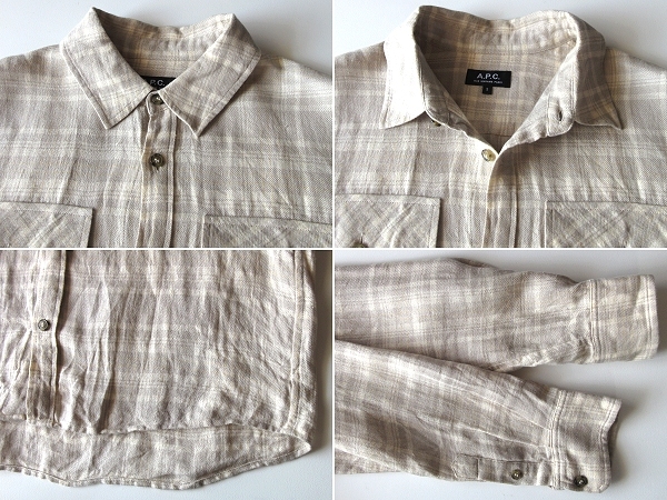 A.P.C. アーペーセー 2021SS SURCHEMISE CONRAD フラップポケット チェック柄 リネンシャツ S グレージュ ライトベージュ 定価27500円_画像4