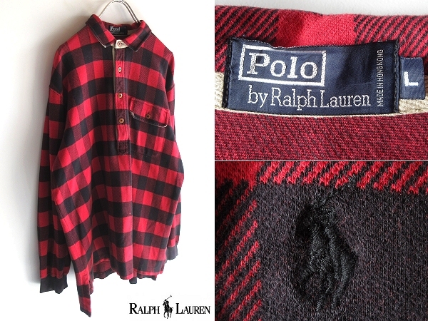 希少 80s-90sビンテージ Polo by Ralph Lauren ラルフローレン 裾ポニー ロゴ刺繍 バッファローチェック プルオーバー ネルシャツ L 赤黒