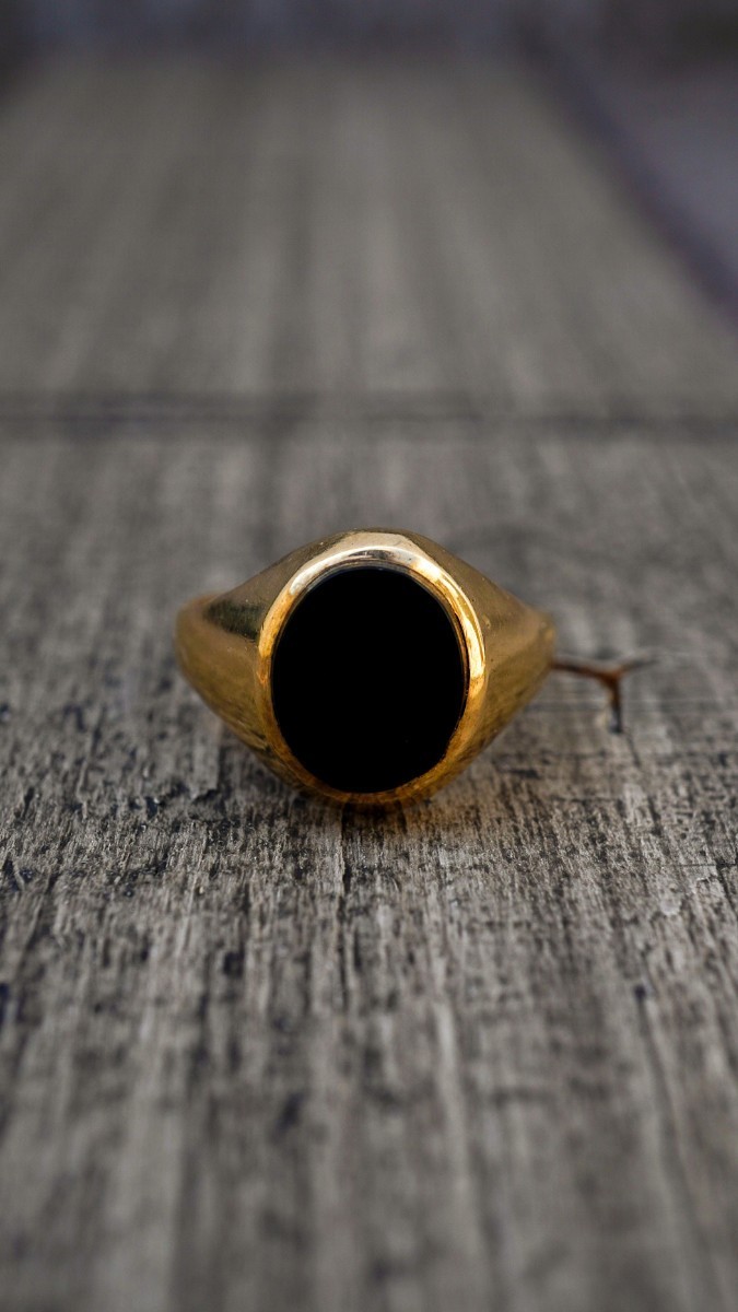 イギリス製 9ct イエロー ゴールド シグネット リング 9金 ブラックオニキス 指輪 ユーロ ヴィンテージ ビンテージ 英国製 オーバル 