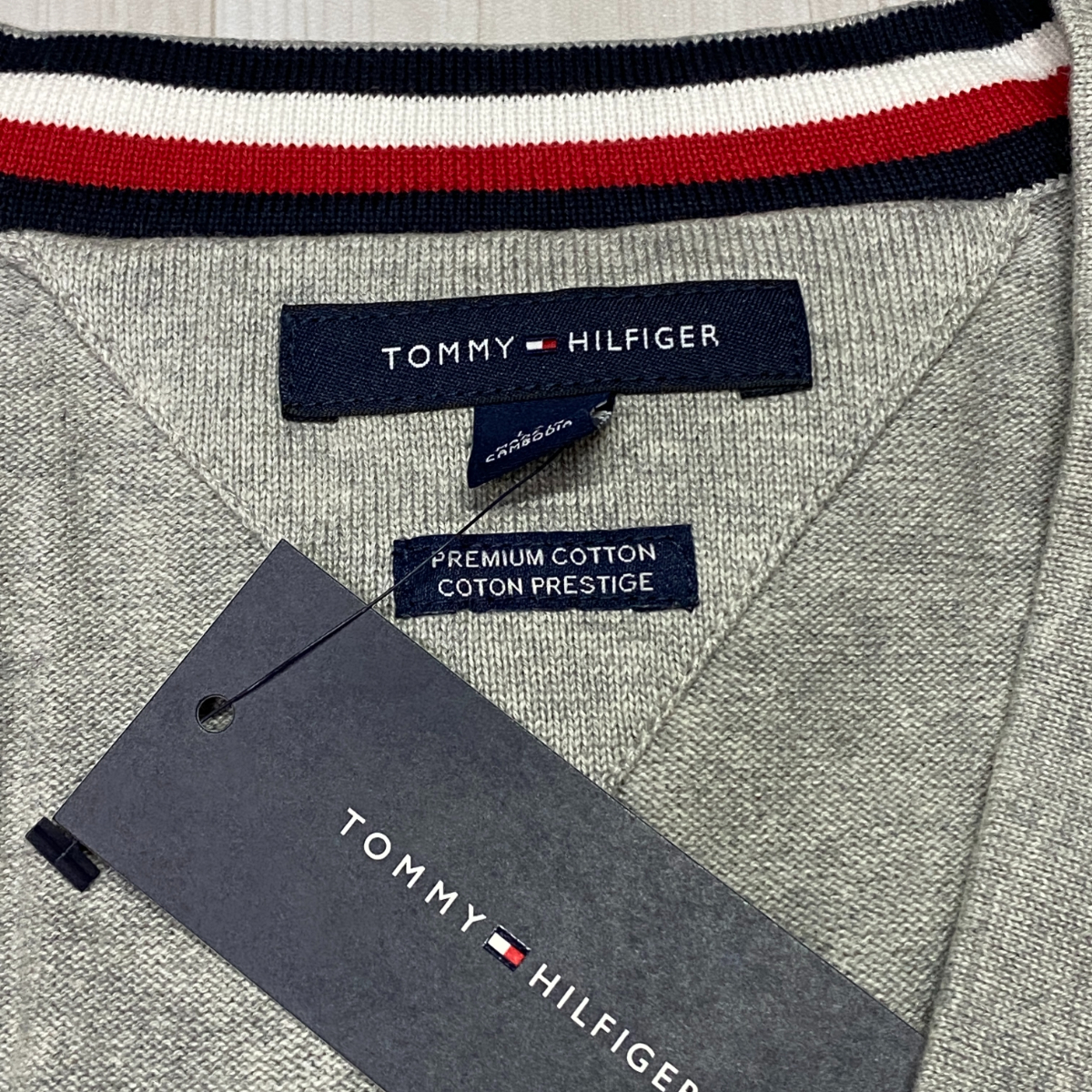 USAモデル 【L】 TOMMY HILFIGER トミーヒルフィガー プレミアムコットンニット ハイゲージ カーディガン グレー フラッグロゴ (R4F-12)_画像2