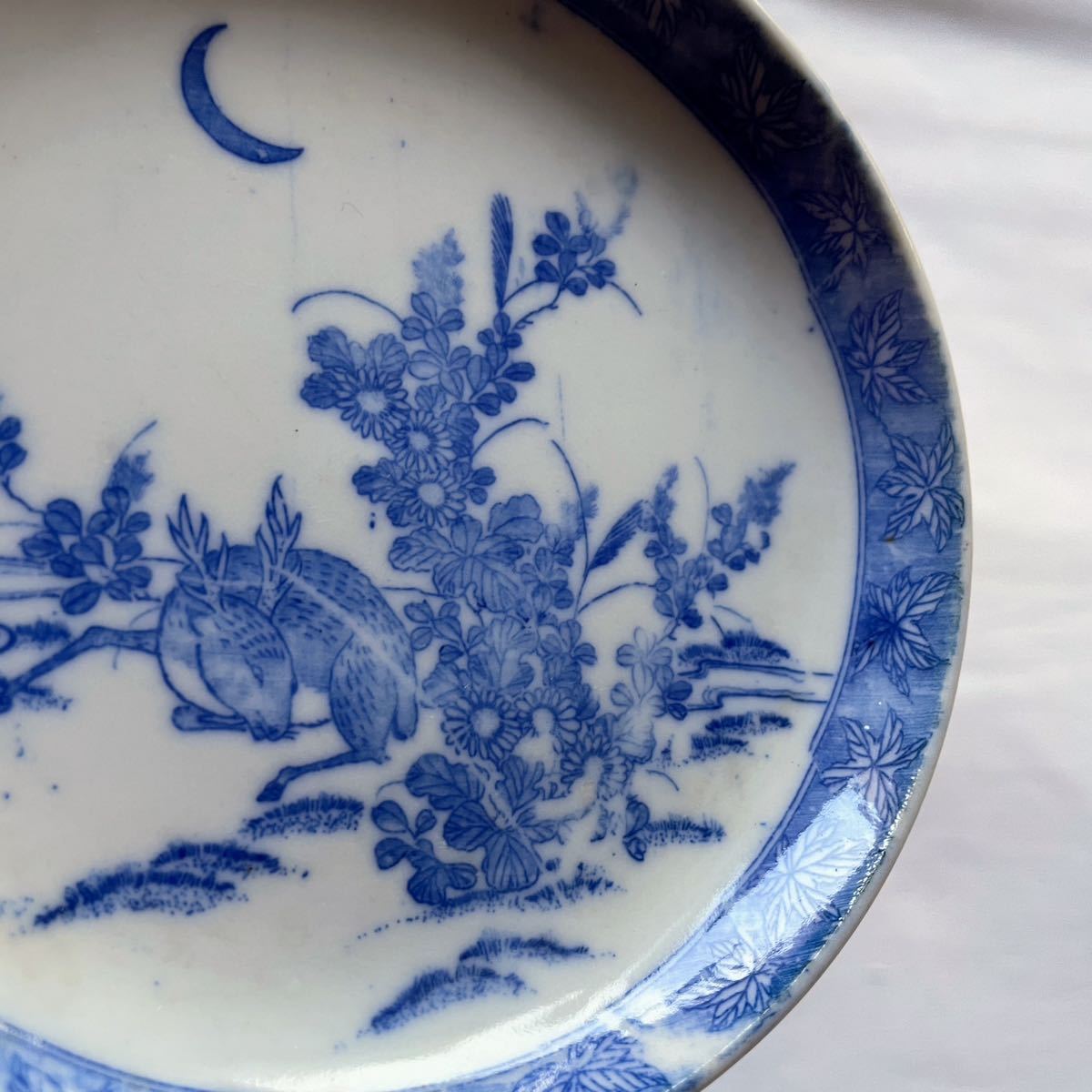 明治〜大正 印判 小皿 鹿と紅葉 Meiji imban blue and white porcelain small plate, autumn maple leaves and deer_画像4