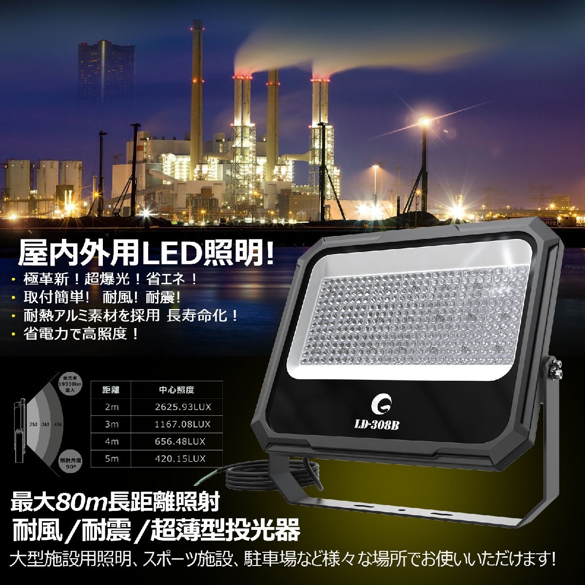 GOODGOODS LED投光器 防水 屋外 19330lm 300W 照射角度120° アース線 電設 倉庫 工場 スポーツ 照明 LD-308B_画像6