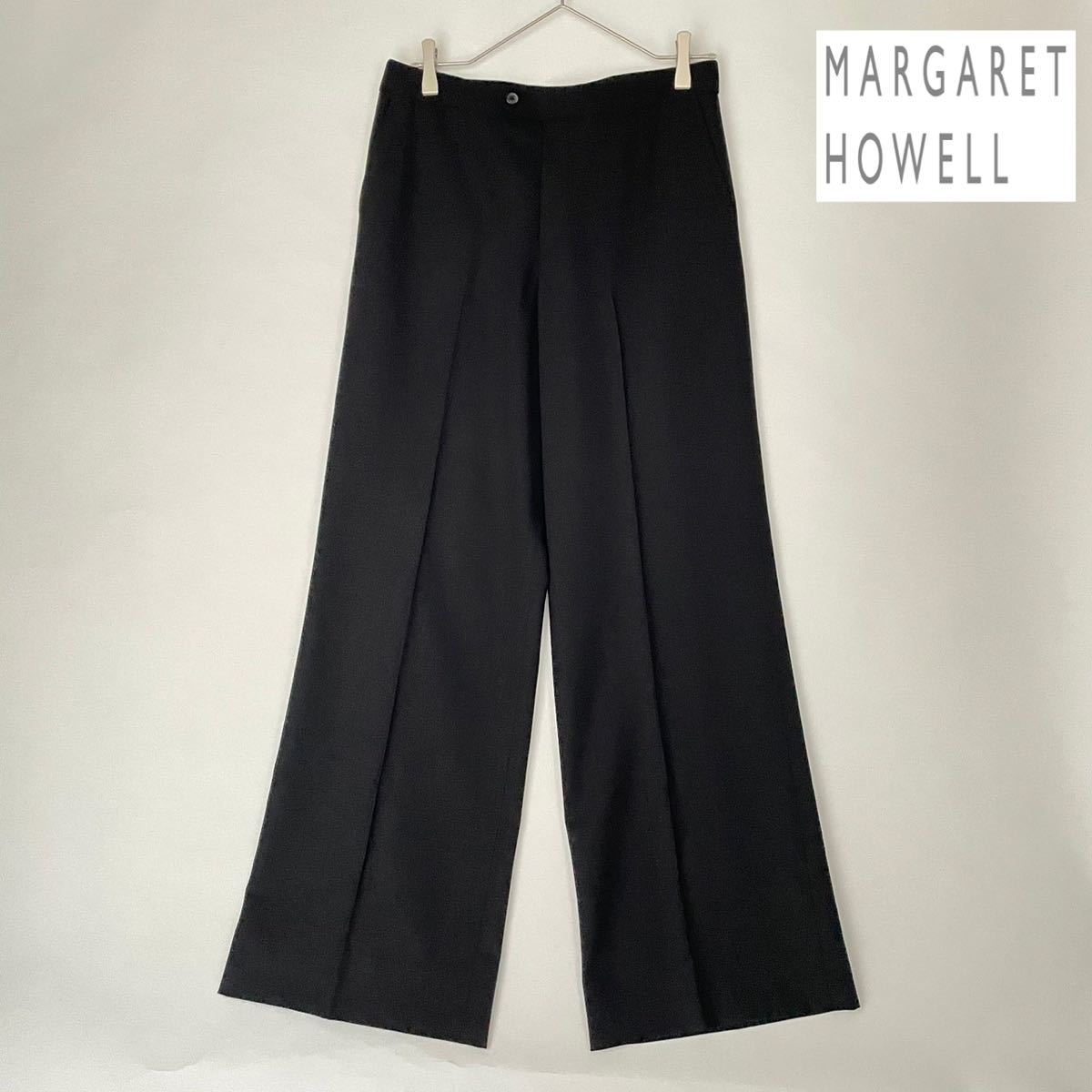MARGARET HOWELL マーガレットハウエル スラックス センタープリーツ ワイド パンツ ウール100% ゆったり 大きめ 黒 ブラック size 3