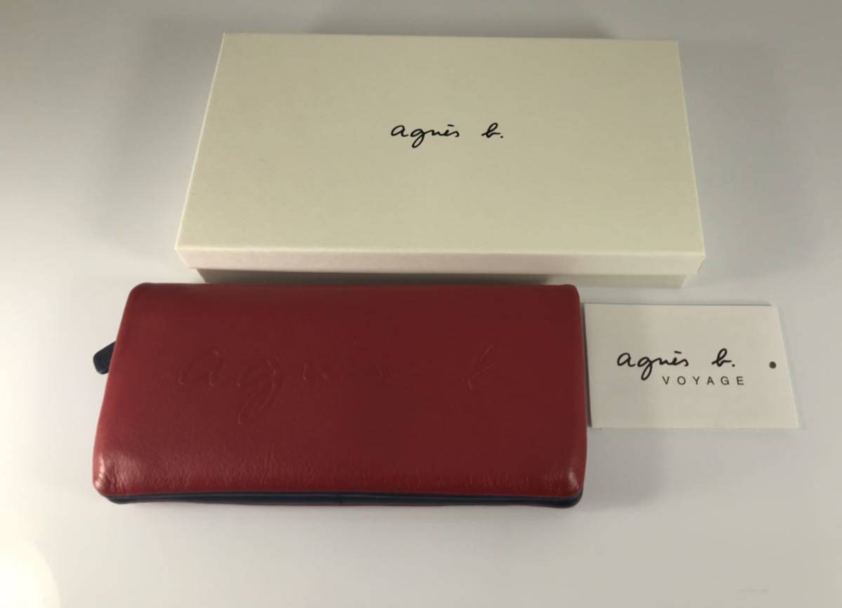 美品 agnes b VOYAGE アニエス・ベー ロゴ柄 2つ折り小銭入れ付き レッド×ネイビー 収納たっぷり 本革レザー 軽量 長財布 です。