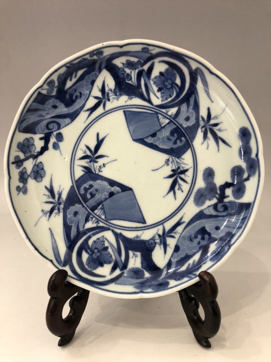 名逸品 江戸時代 藍柿右衛門 古伊万里染付三友帯図輪花皿 consultecjr
