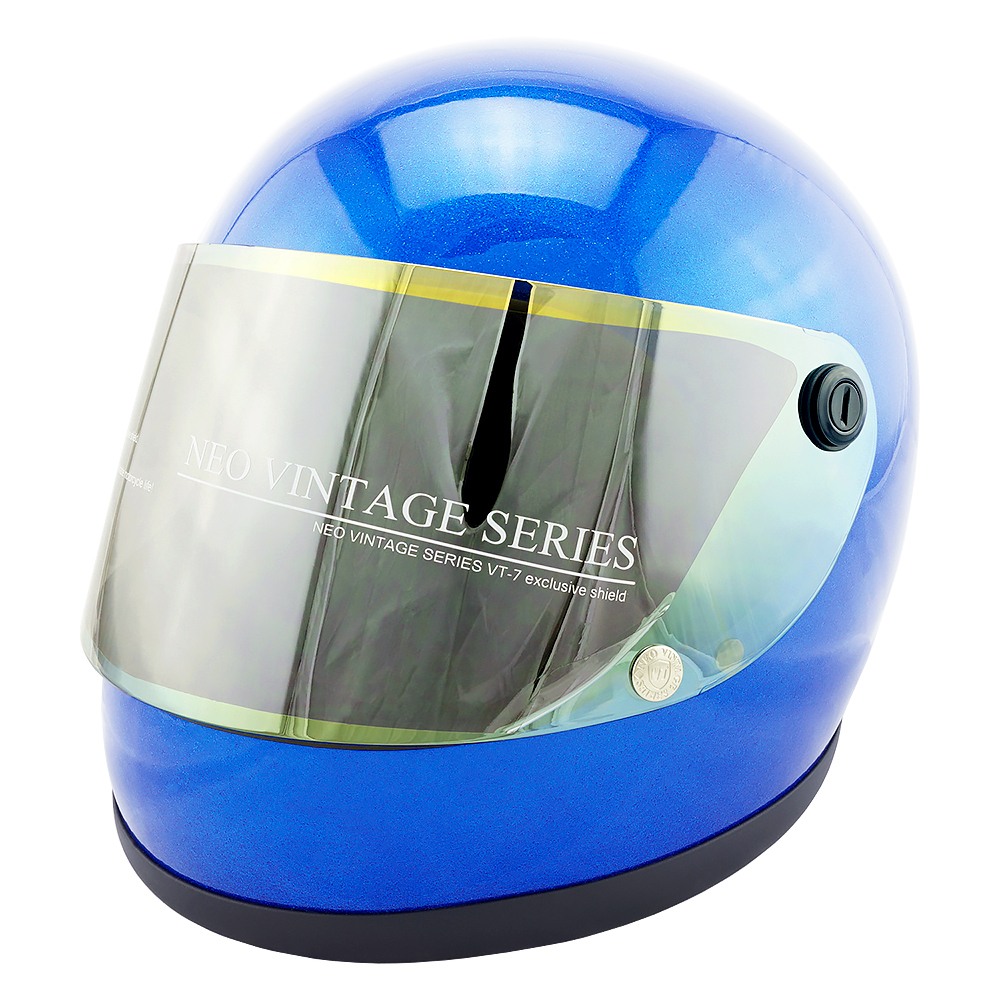 フルフェイスヘルメット メタリックブルー×イエローミラーシールド Mサイズ:57-58cm対応 VT7 NEO VINTAGE VT-7 ステッカー付き