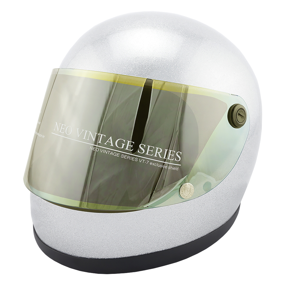 フルフェイスヘルメット メタリックシルバー×イエローミラーシールド Mサイズ:57-58cm対応 VT7 NEO VINTAGE VT-7 ステッカー付き