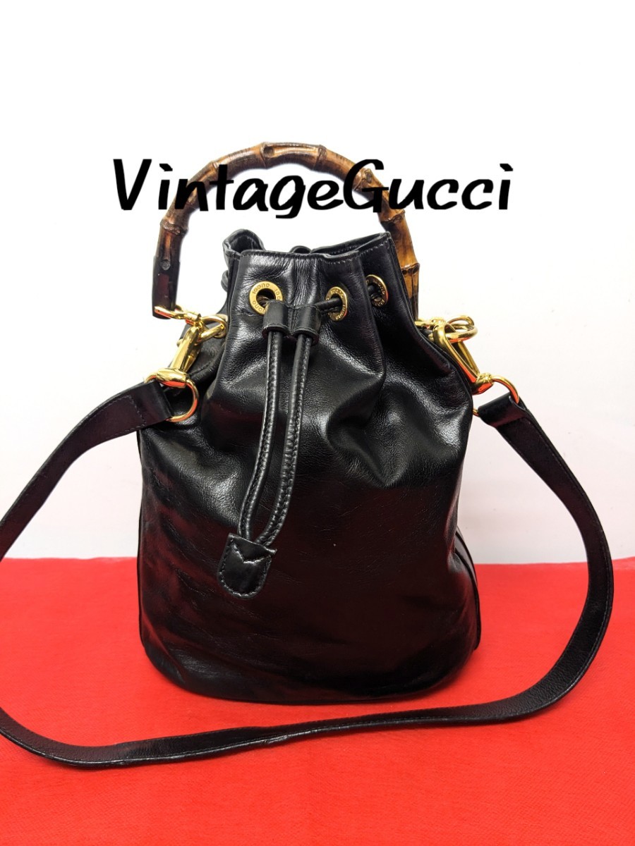 美品 極希少!Gucci バンブー 巾着型レザーショルダーバッグ オールド