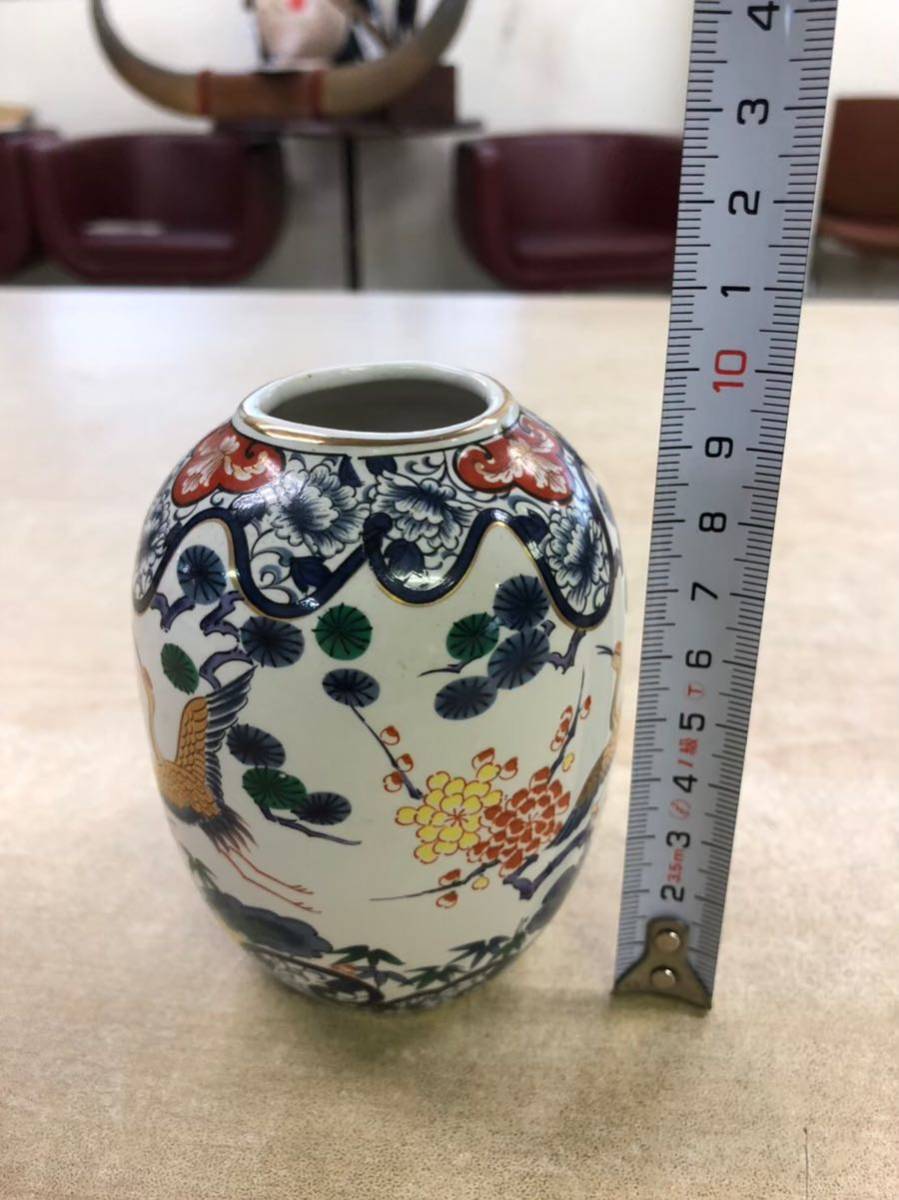 R302【送料無料】一輪挿し　花瓶　花器　九谷焼 中国 染付　鶴　色絵　赤絵　茶道具　華道　書道具　和風小物　時代物　昭和レトロ　置物_画像1