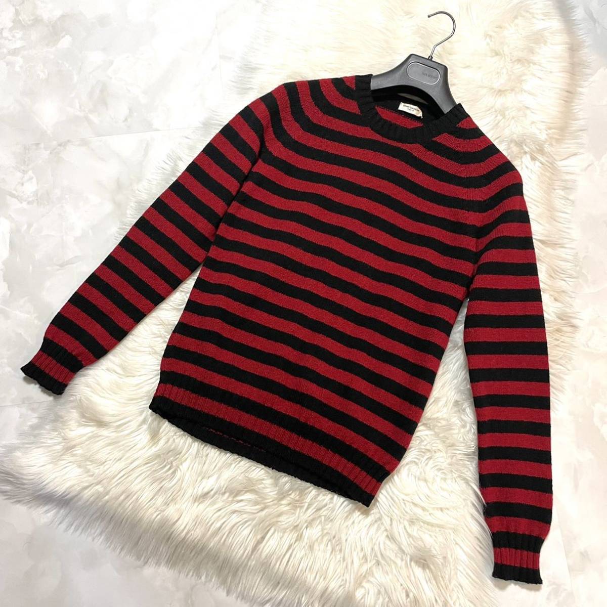  genuine article beautiful goods Ran way sun rolan Paris border sweater M black red SAINT LAURENT PARIS collection model model 