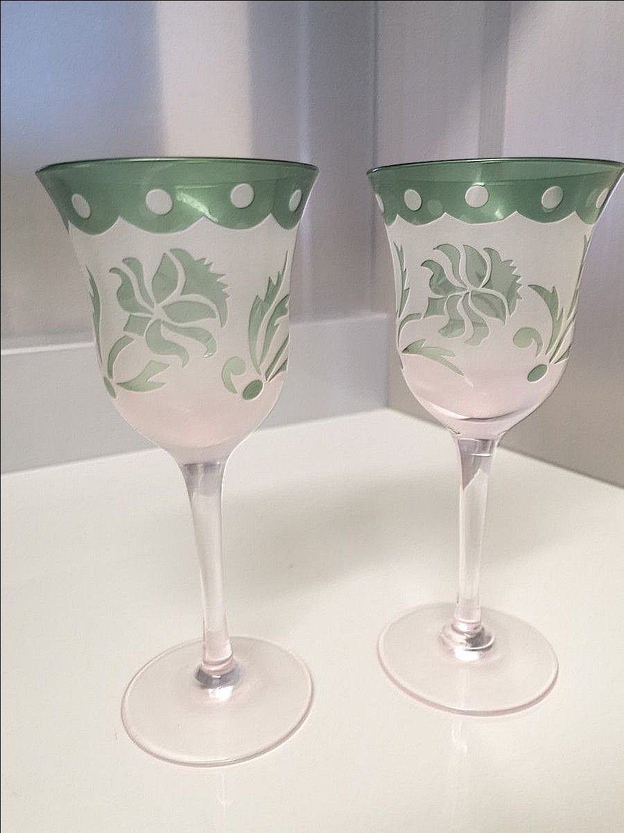 ワイングラス　手作り　緑ピンク　サンドブラスト