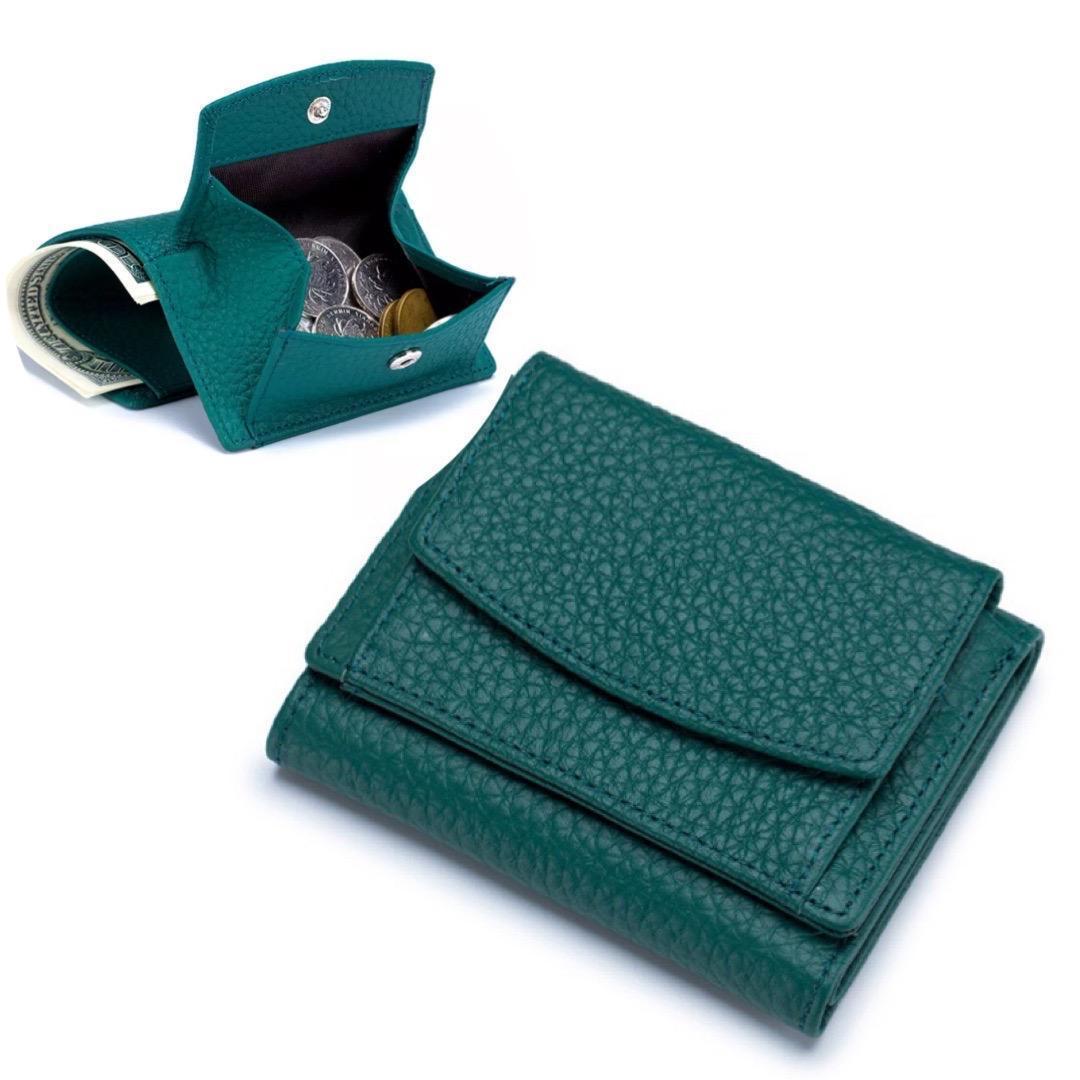三つ折財布 ミニウォレット トレンド レザー グリーン コンパクト 緑