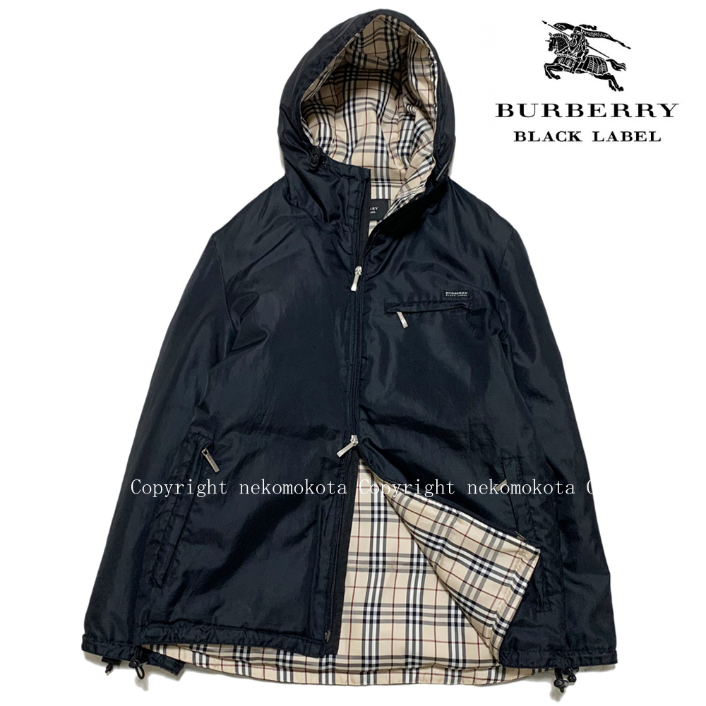 バーバリーブラックレーベル ホワイトグースダウン使用 裏地チェック ロゴ フード ダウン ジャケット M 黒 コート BURBERRY BLACK LABEL