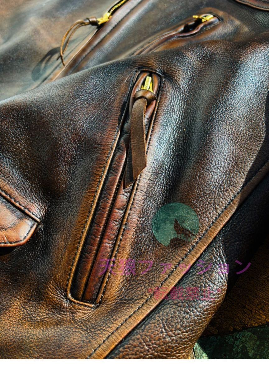 ●venom2代目 牛革 レザージャケット 革ジャン カウハイド 茶芯 シングルライダース 本革 ヴィンテージ 機関車 メンズファッション S～4XL_画像6