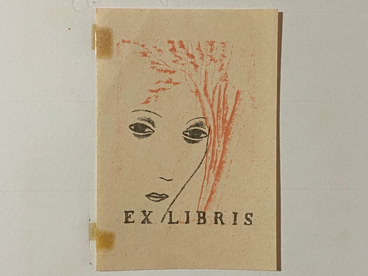 ｃ▼　蔵書票　EX-LIBRIS ESTRANGEIROS　1枚　印刷物　木が赤髪　図案　デザイン　/　L11-27_画像1