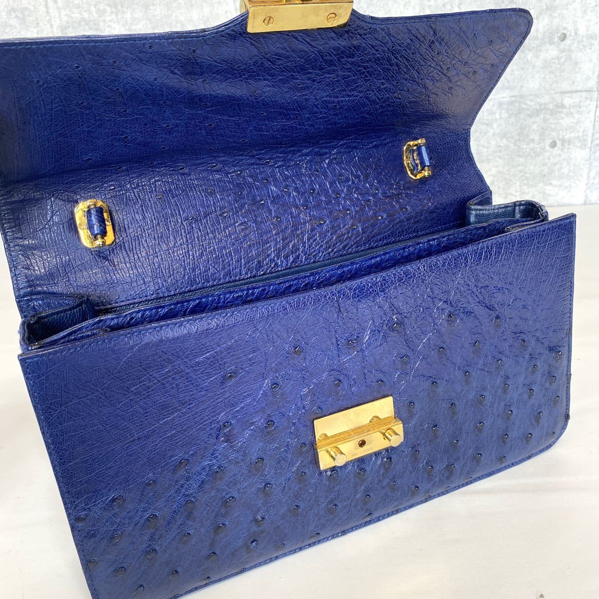 極美品 COMTESSE コンテス オーストリッチ レザー ネイビー ゴールド