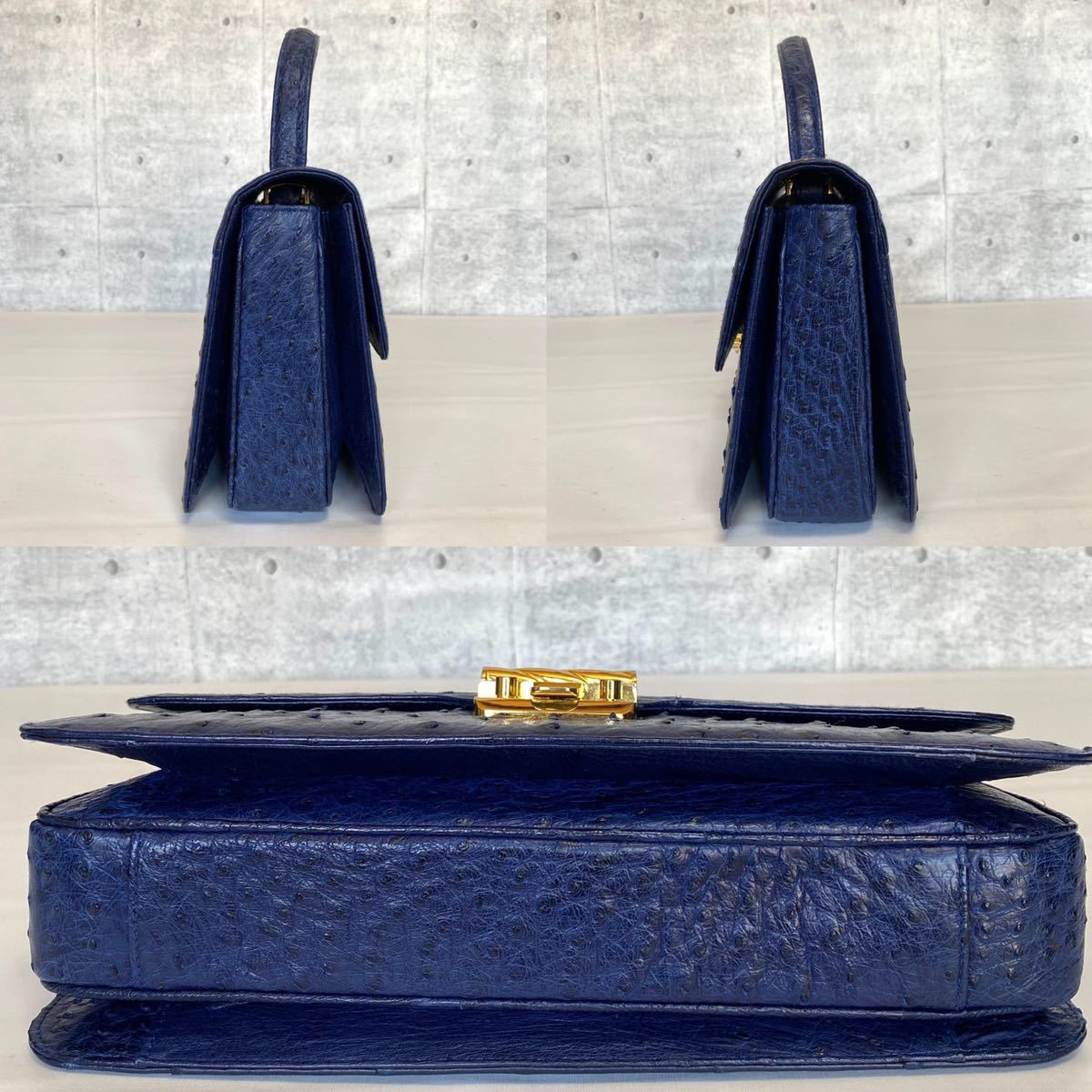 極美品 COMTESSE コンテス オーストリッチ レザー ネイビー ゴールド