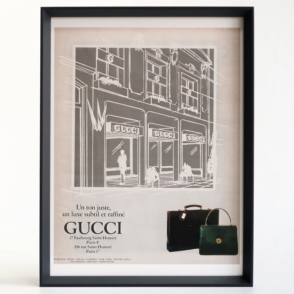 GUCCI グッチ 1979年 路面店 イラスト オールドグッチ フランス ヴィンテージ 広告 額装品 インテリア フレンチ ポスター 稀少_画像1