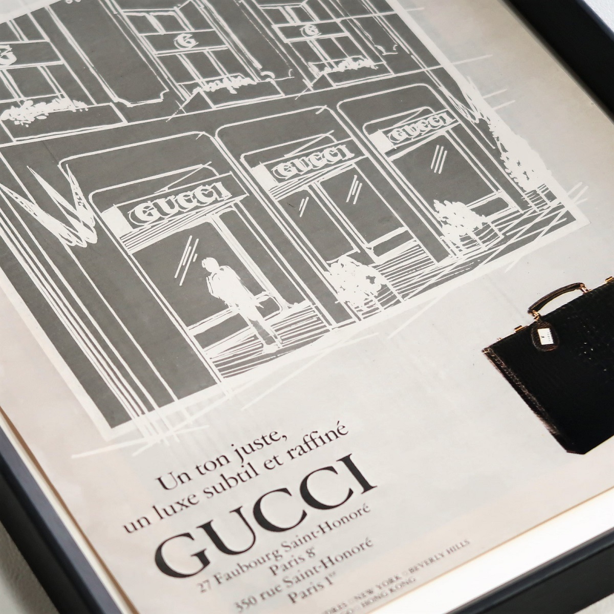 GUCCI グッチ 1979年 路面店 イラスト オールドグッチ フランス ヴィンテージ 広告 額装品 インテリア フレンチ ポスター 稀少_画像2