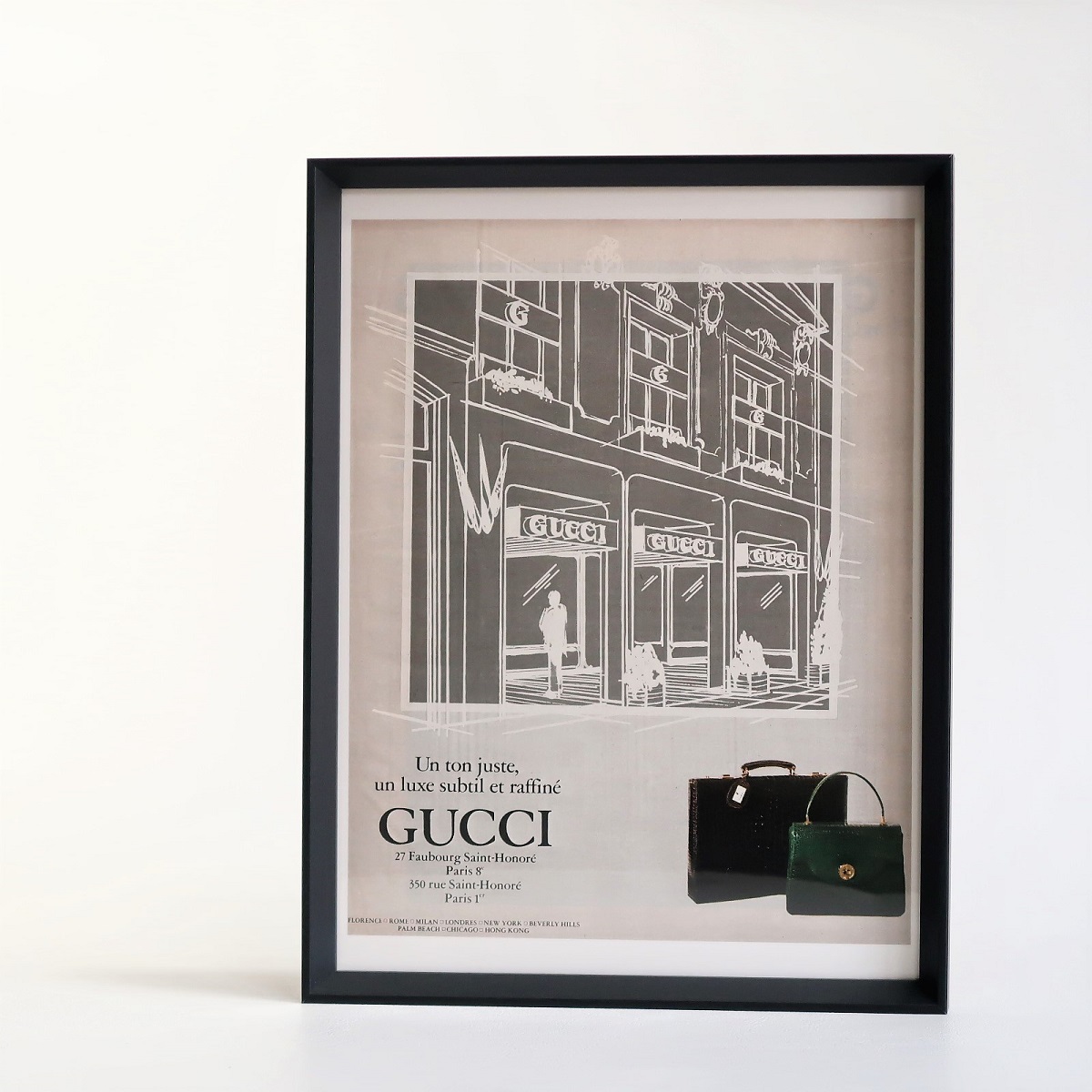 GUCCI グッチ 1979年 路面店 イラスト オールドグッチ フランス ヴィンテージ 広告 額装品 インテリア フレンチ ポスター 稀少_画像3