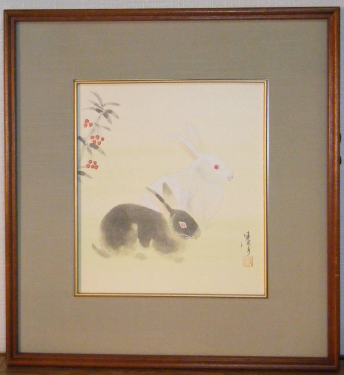 真作】絵画 会津陵月 日本画(色紙) 兎 人気作家 逸品 L34 détails d