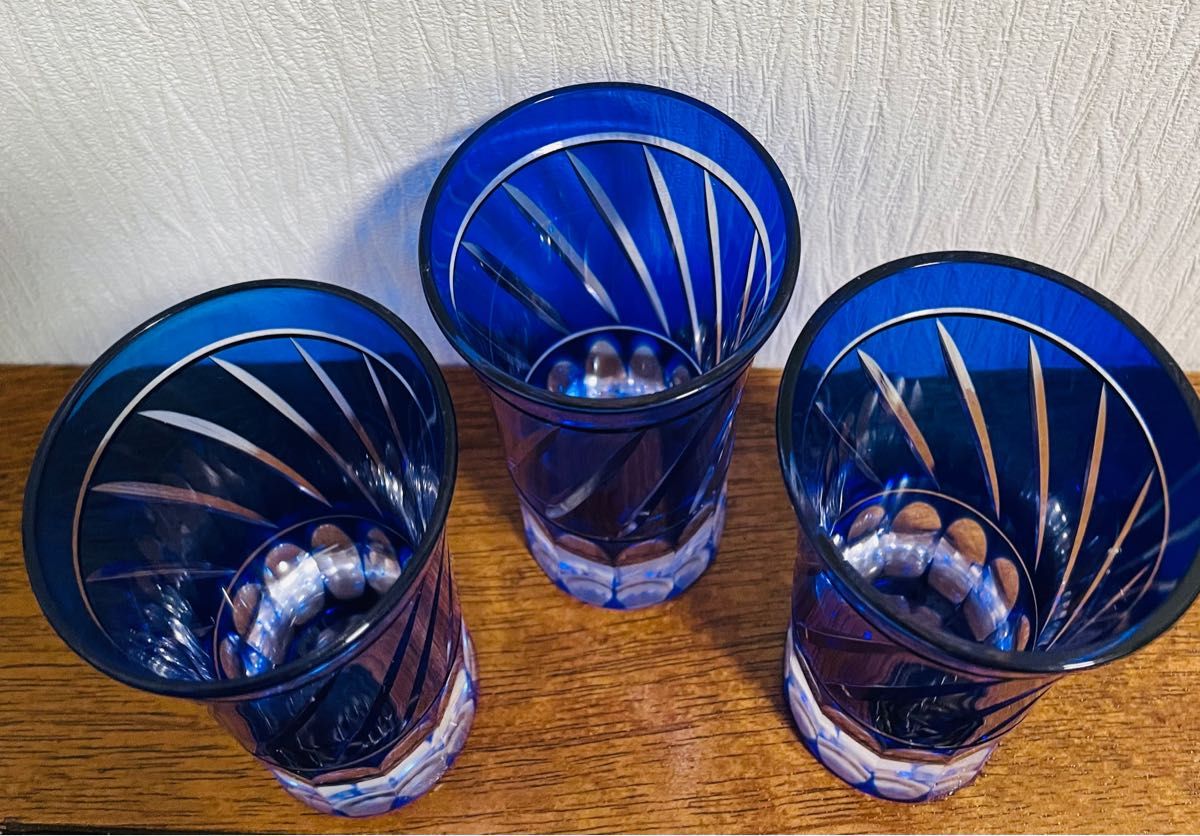 3個セット　未使用　江戸切子　瑠璃色　グラス　バカラ　カガミ