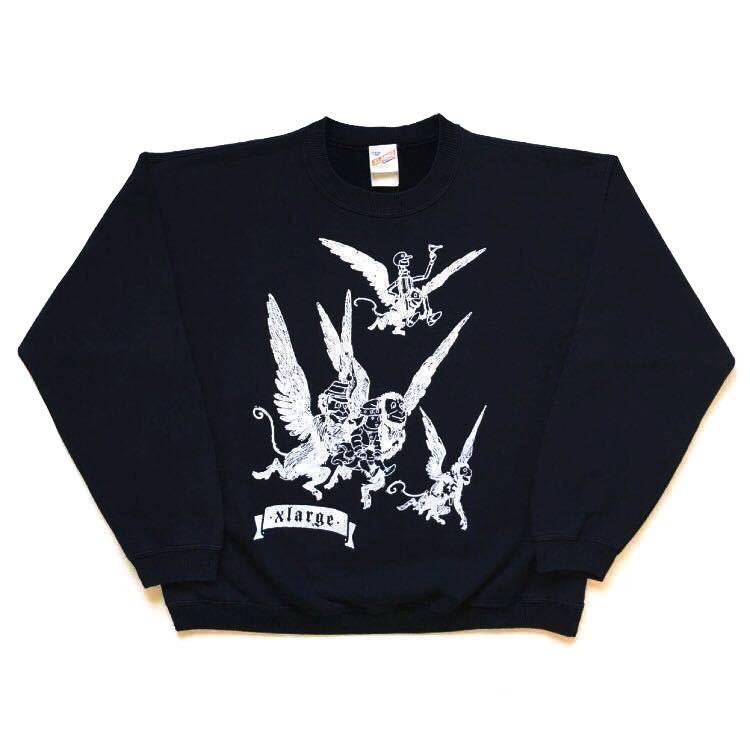 90s vintage XLARGE エクストララージ オズの魔法使い 空飛ぶ猿 プリント スウェット 長袖 black×white size L 希少 翼ザル ドロシー old