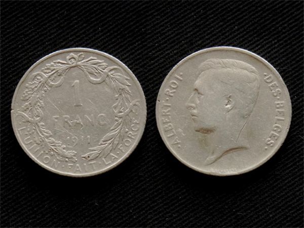 【ベルギー】 1フラン 1911年 アルベール1世 シルバー　銀貨_画像1