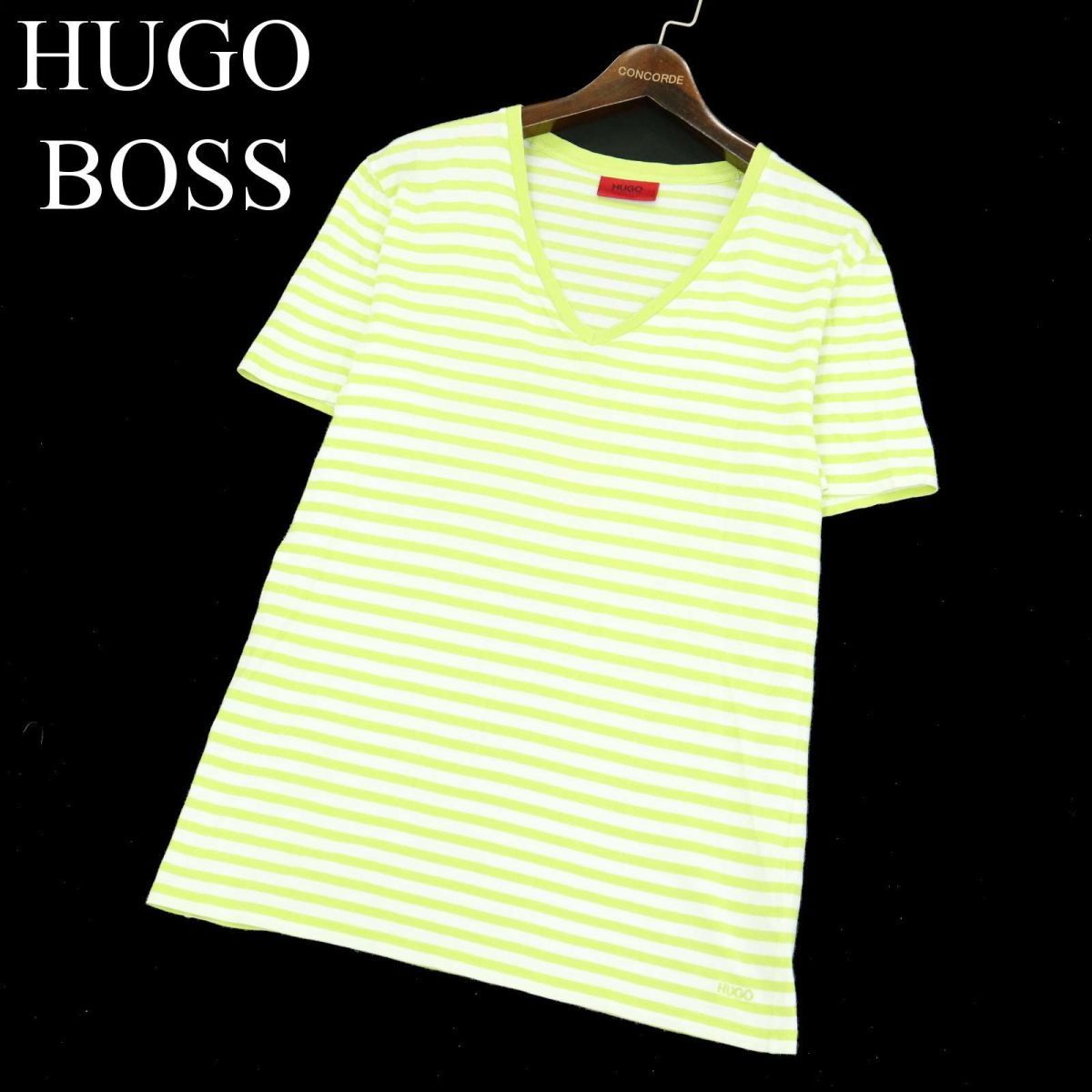 HUGO BOSS ヒューゴボス 春夏 ボーダー★ 半袖 Vネック カットソー Tシャツ Sz.M　メンズ　A3T03428_4#D_画像1