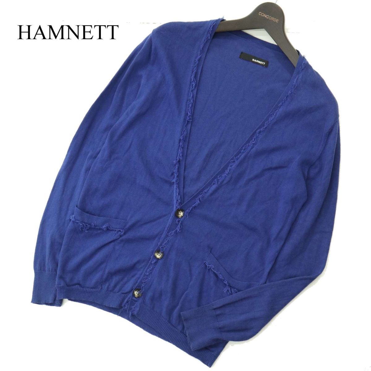 HAMNETT キャサリン ハムネット 通年 フリンジ★ コットン ニット カーディガン Sz.M　メンズ ネイビー　A3T04074_4#L_画像1