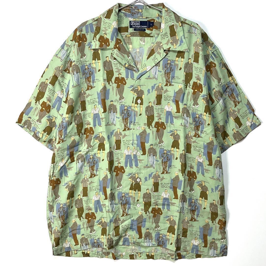 90s RALPH LAUREN 人物 総柄 レーヨン オープンカラーシャツ ラルフ