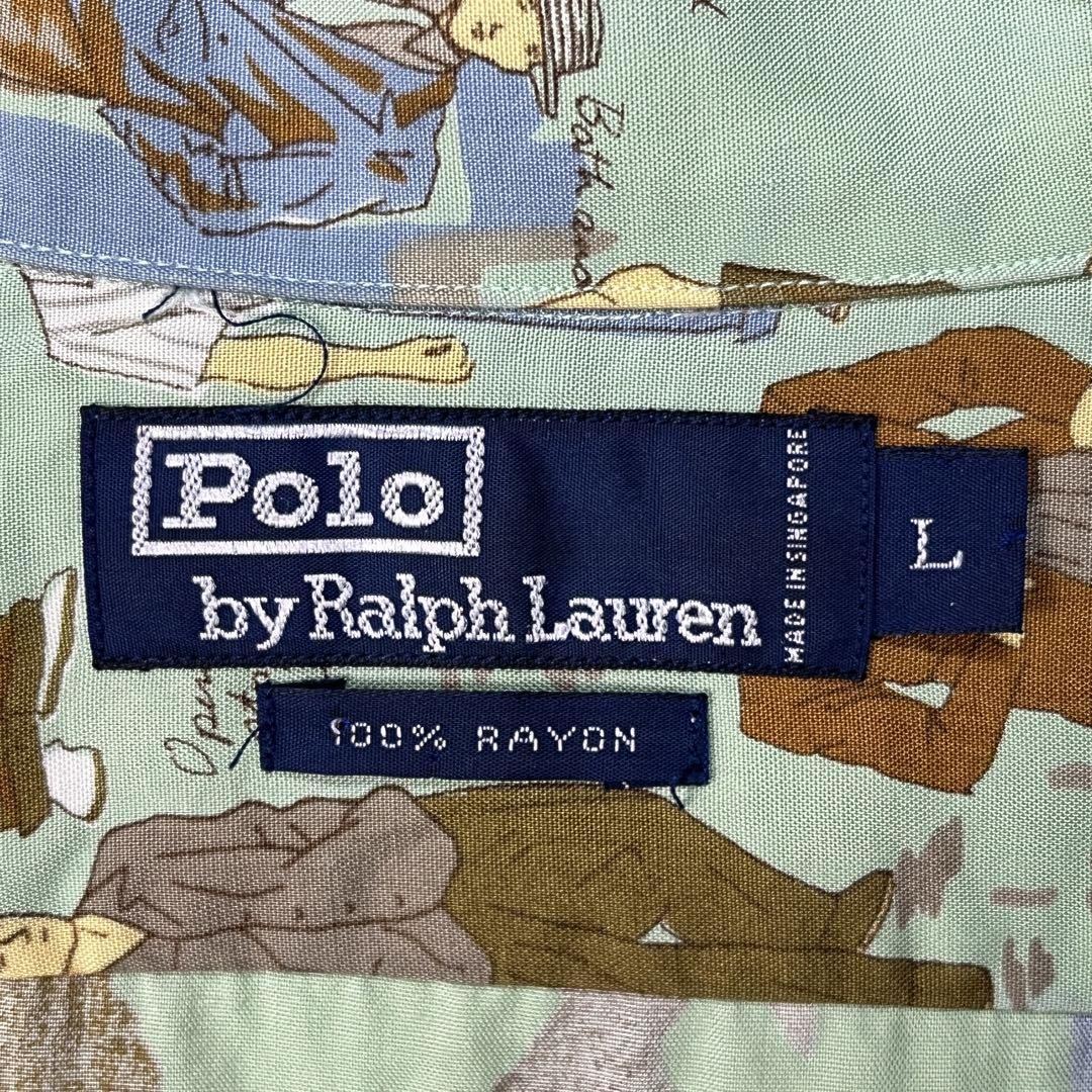 90s RALPH LAUREN 人物 総柄 レーヨン オープンカラーシャツ ラルフ