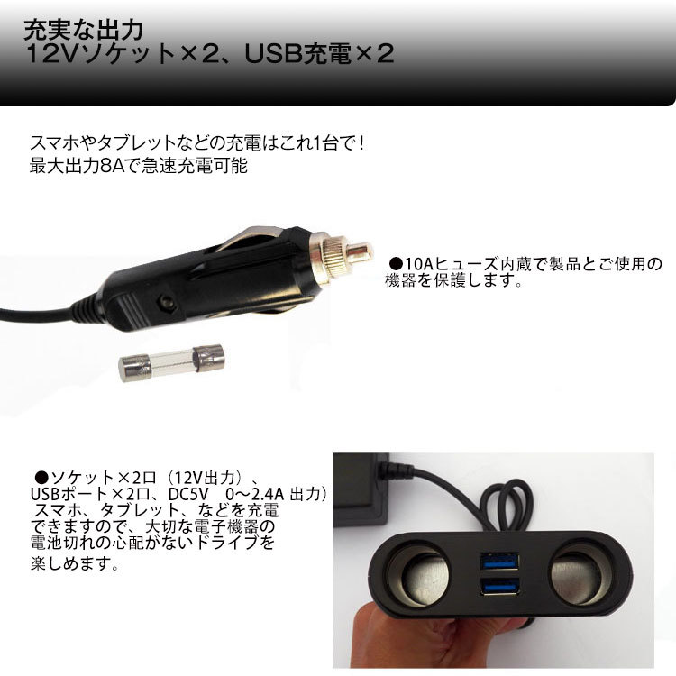 DCDCコンバーター でこでこ　 DC24Vから12V変換電圧変換 シガーソケット 電圧変換器 DC24V車専用　ソケット2口8A・USB2口2.4A_画像3