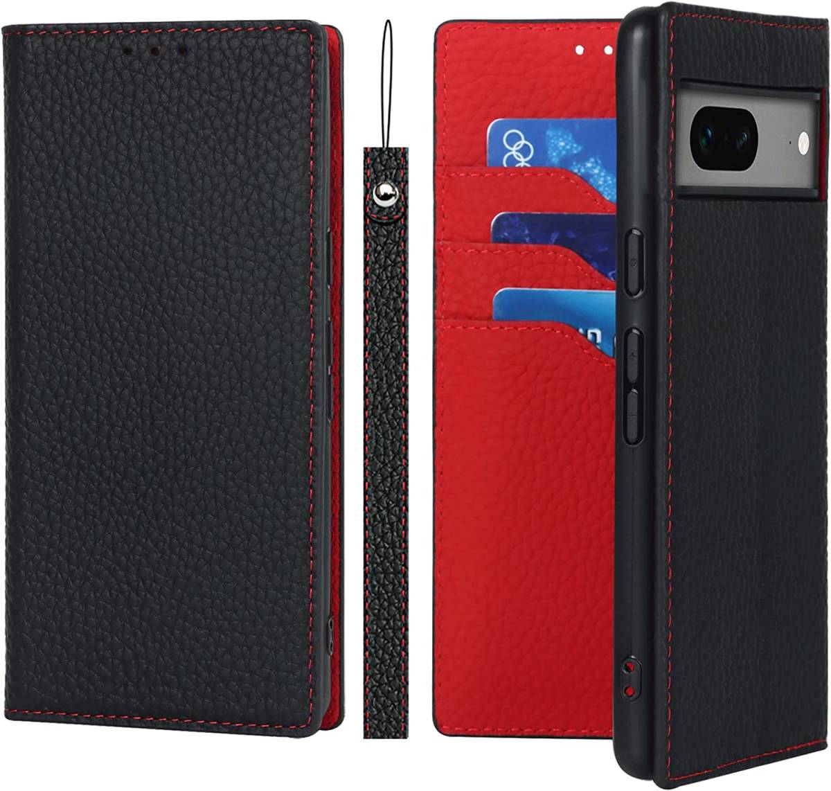 ブラック シンプル 手帳型 上質 牛革 本革 レザー 横置き google pixel 7a 全面保護 財布型 スタンド機能 カード収納 ケース カバー Pixel 7a ケース pixel7a ピクセル カバー 合皮 おしゃれ 赤