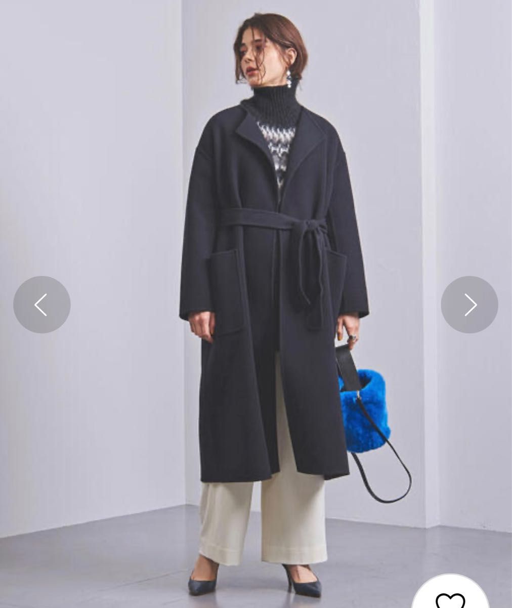 UNITED ARROWS UGCB ダブルフェイス ノーカラーコート ネイビー-