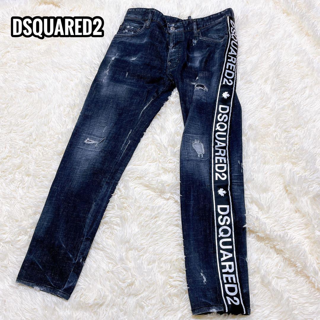 激レア☆DSQUARED2 デニムパンツ スケーター ロゴテープ ブラック L
