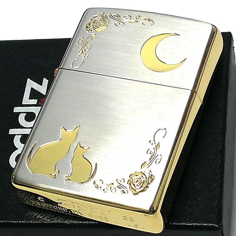 ZIPPO ライター ネコ シルバー ジッポ 猫 可愛い ゴールド 月 薔薇 銀金 女性 ねこ かわいい バラ ギフト プレゼント おしゃれ レディース_画像2