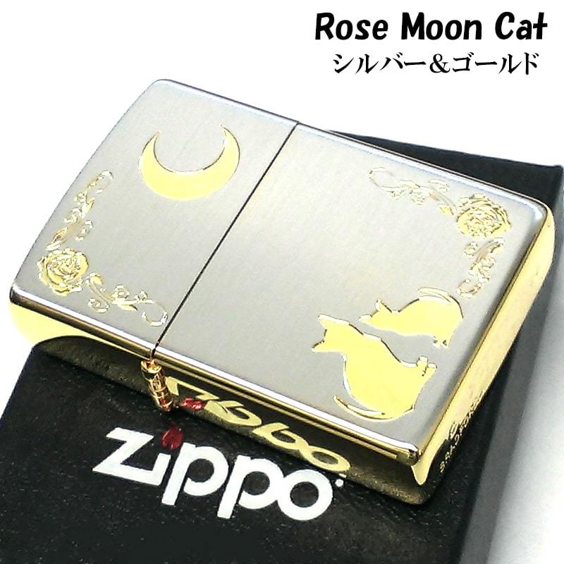 ZIPPO ライター ネコ シルバー ジッポ 猫 可愛い ゴールド 月 薔薇 銀金 女性 ねこ かわいい バラ ギフト プレゼント おしゃれ レディース_画像1