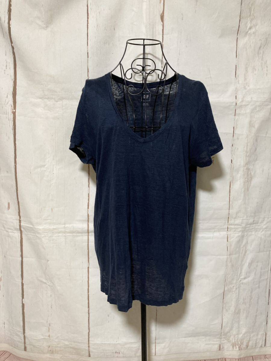 GAP ギャップ Vネック 半袖 リネン100% Tシャツ トップス カットソー(used・普通使用感)Sサイズ、ダークネイビー_画像2