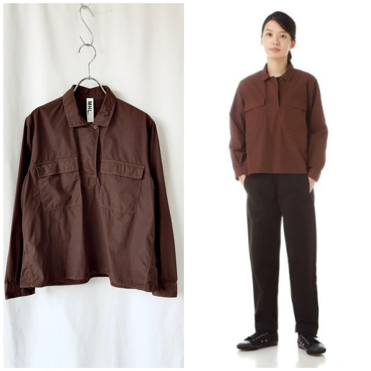 19SS MHL. COMPACT COTTON POPLIN 1 S ブラウン系 プルオーバーシャツ スモック ブラウス 製品染め コットンポプリン マーガレットハウエル_画像1