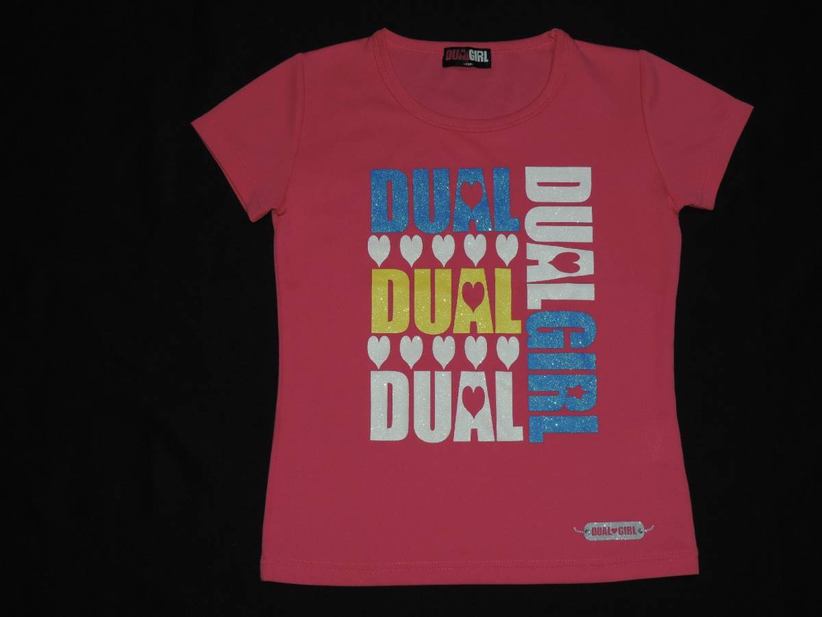 ☆DUAL　GIRLのラメロゴプリントピンクの半袖Tシャツ☆ポリエステル素材☆１３０センチ☆_画像1