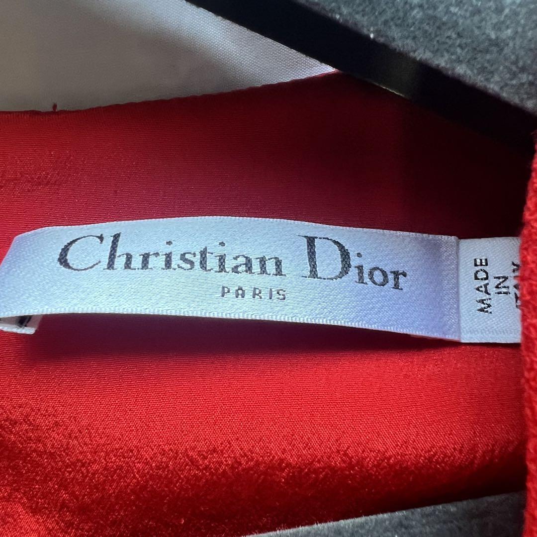 【美品】Christian Dior カシュクールドレス レッド リボン フレア クリスチャンディオール 半袖 ハーフスリーブ フリル 膝丈ワンピース  赤