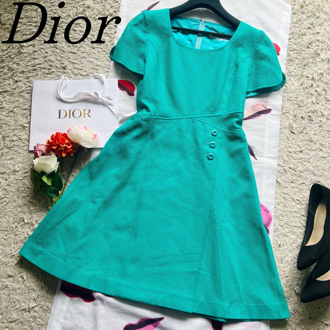 美品】Christian Dior 膝丈フレアワンピース グリーン 半袖 11