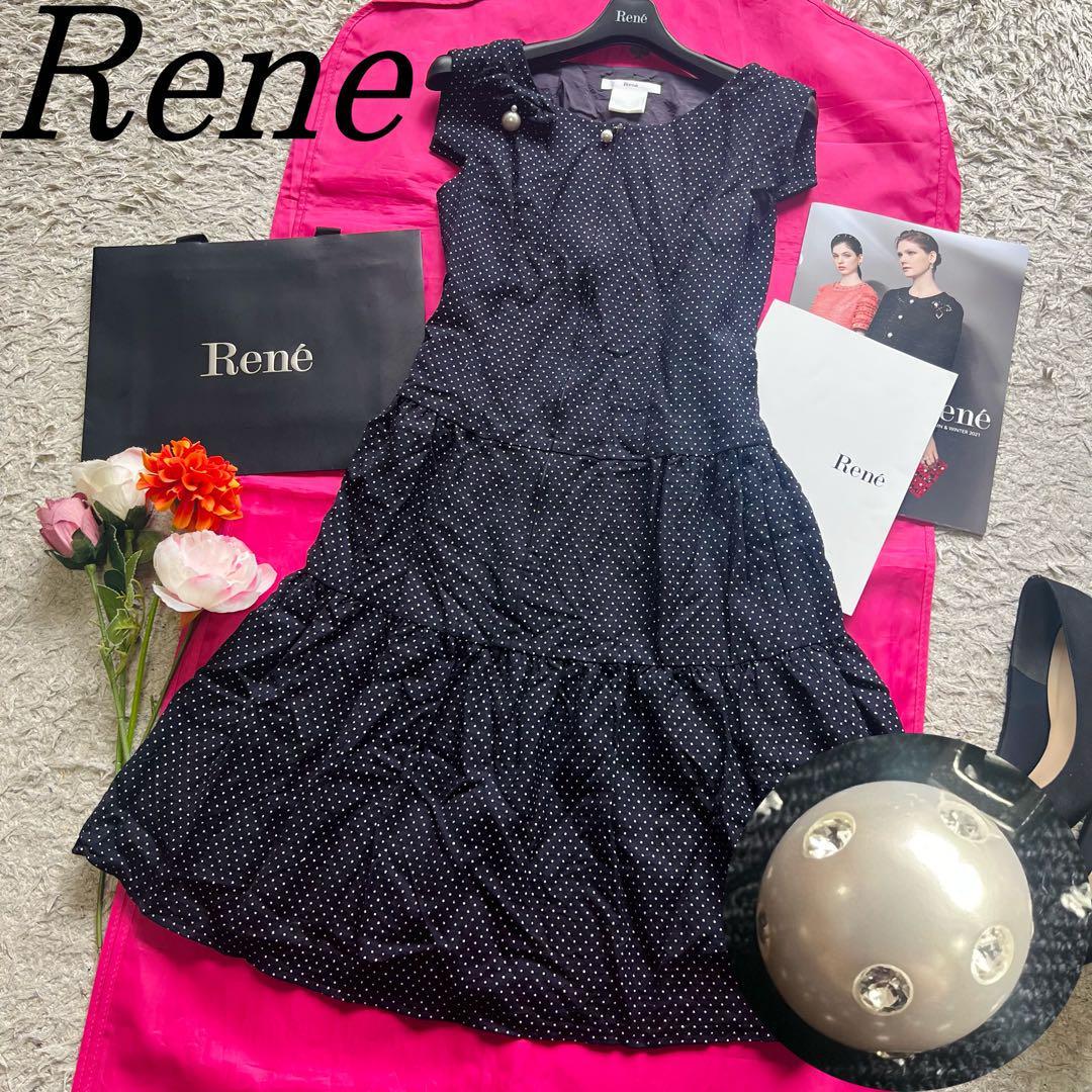 【良品】Rene フロントジップフレアワンピース 34 ネイビー ブローチ ルネ S 紺 ドット 水玉 フレンチスリーブ パール