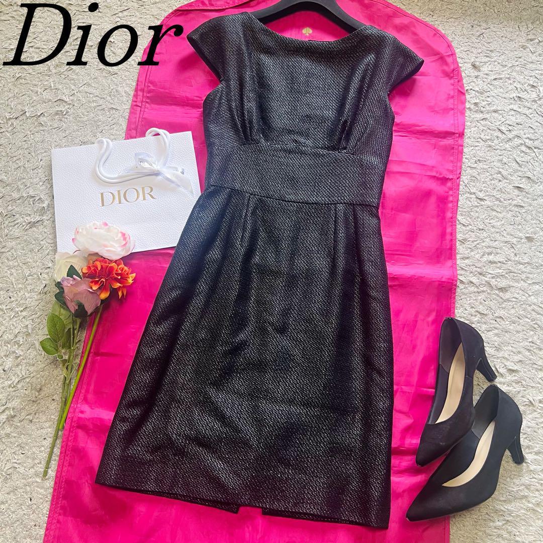 【良品】Christian Dior 膝丈ワンピース ブラック フレンチスリーブ クリスチャンディオール 黒 リネン 麻 半袖 ハーフスリーブ