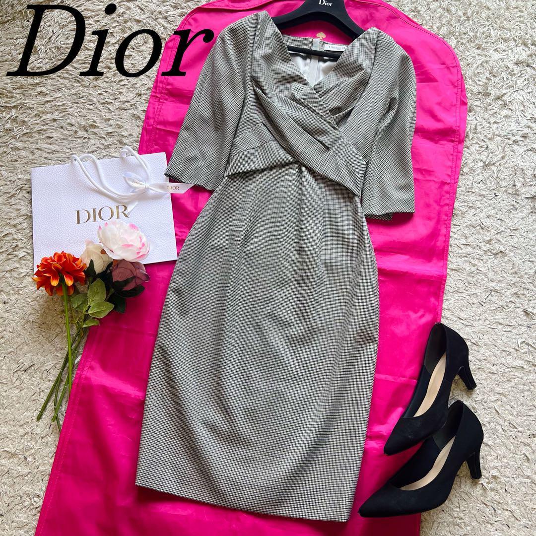 美品】Christian Dior 千鳥柄ロングワンピース カシュクール