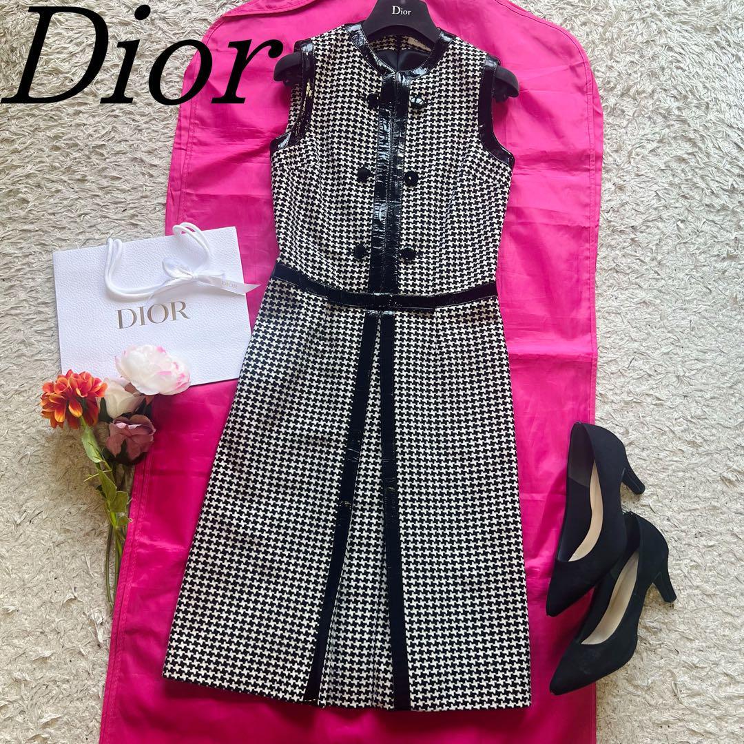 美品】Christian Dior 千鳥柄ロングワンピース ノースリーブ M