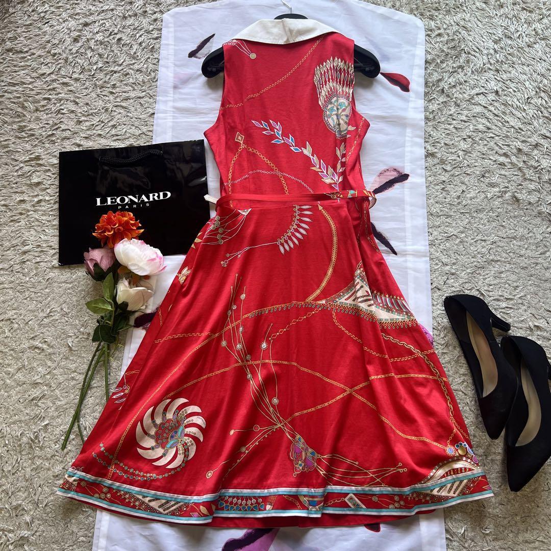 良品】LEONARD 総柄ワンピース オレンジ 42 半袖 ベルト 膝丈 | www