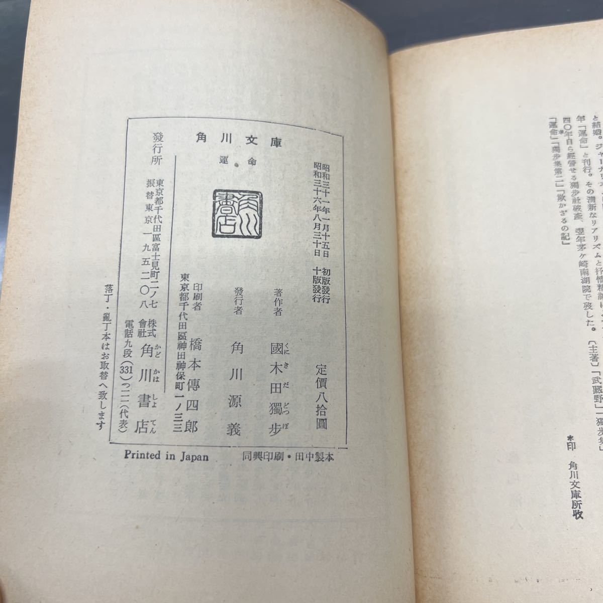 国木田独歩 運命 角川文庫 1274 昭和31年_画像4