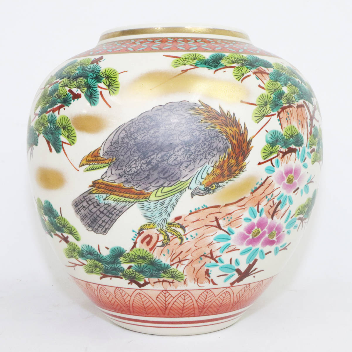 九谷焼 敏鳳 九谷 敏鳳 花瓶 花入 鷹 花 松 壺 古道具 骨董 M37725